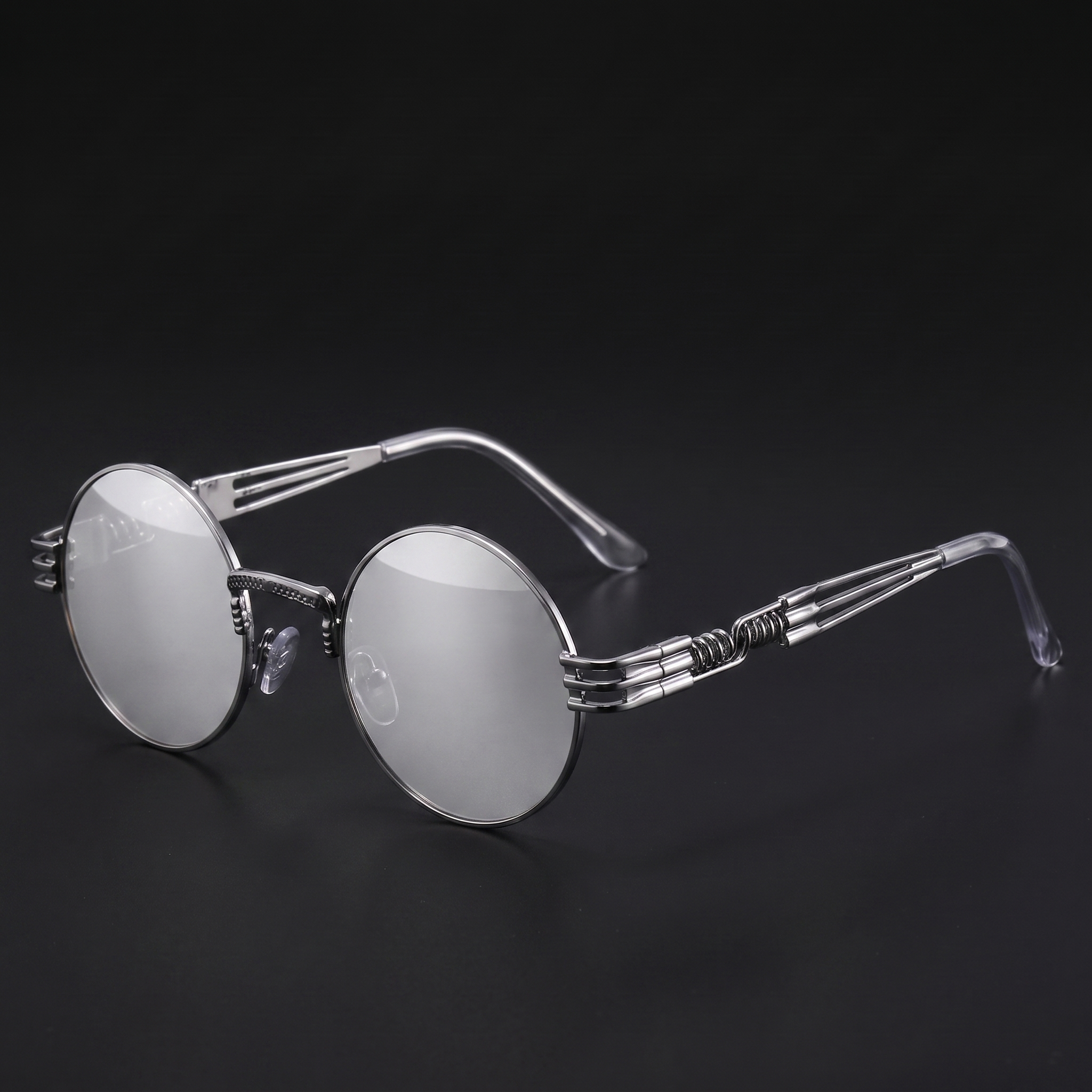 Silver round steampunk sunglasses with silver mirror lenses