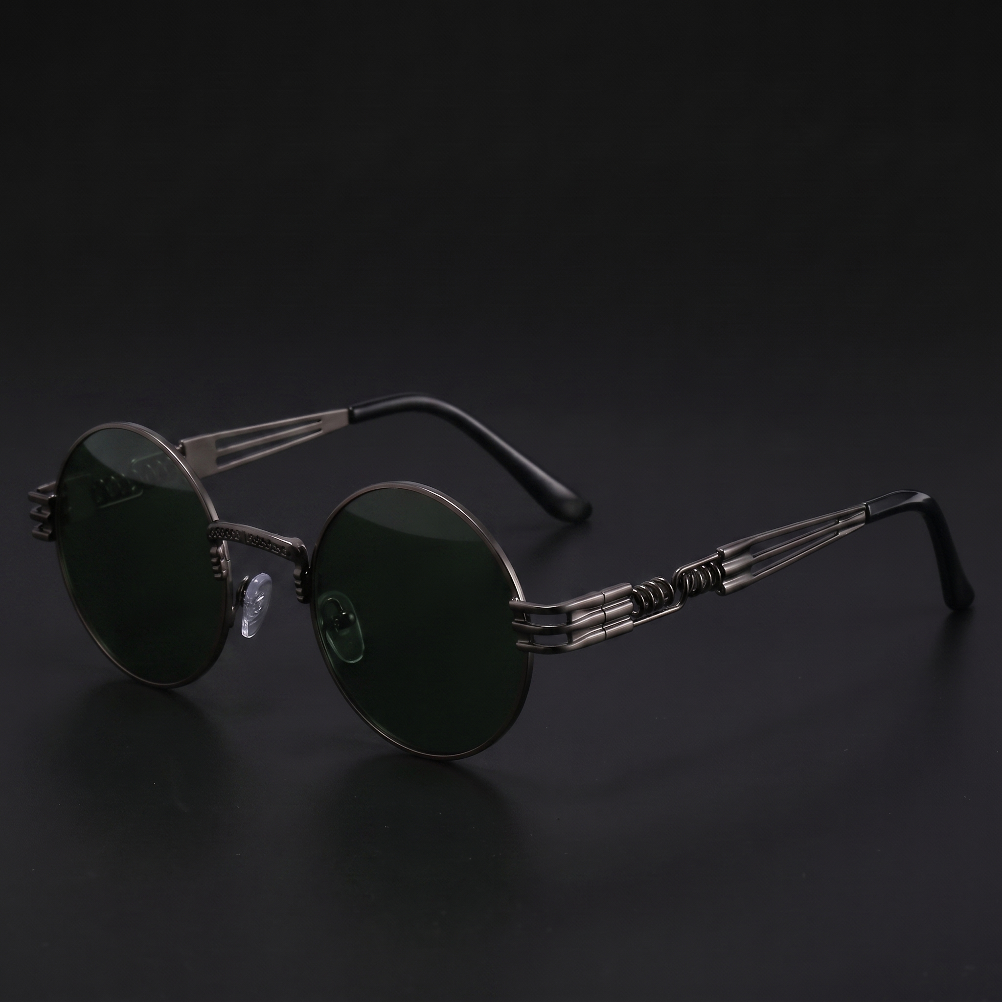 Gunmetal round steampunk sunglasses with G15 green lenses