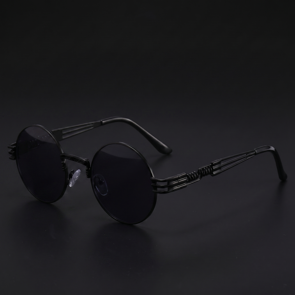 Black round steampunk sunglasses with dark smoke lenses and spring temples