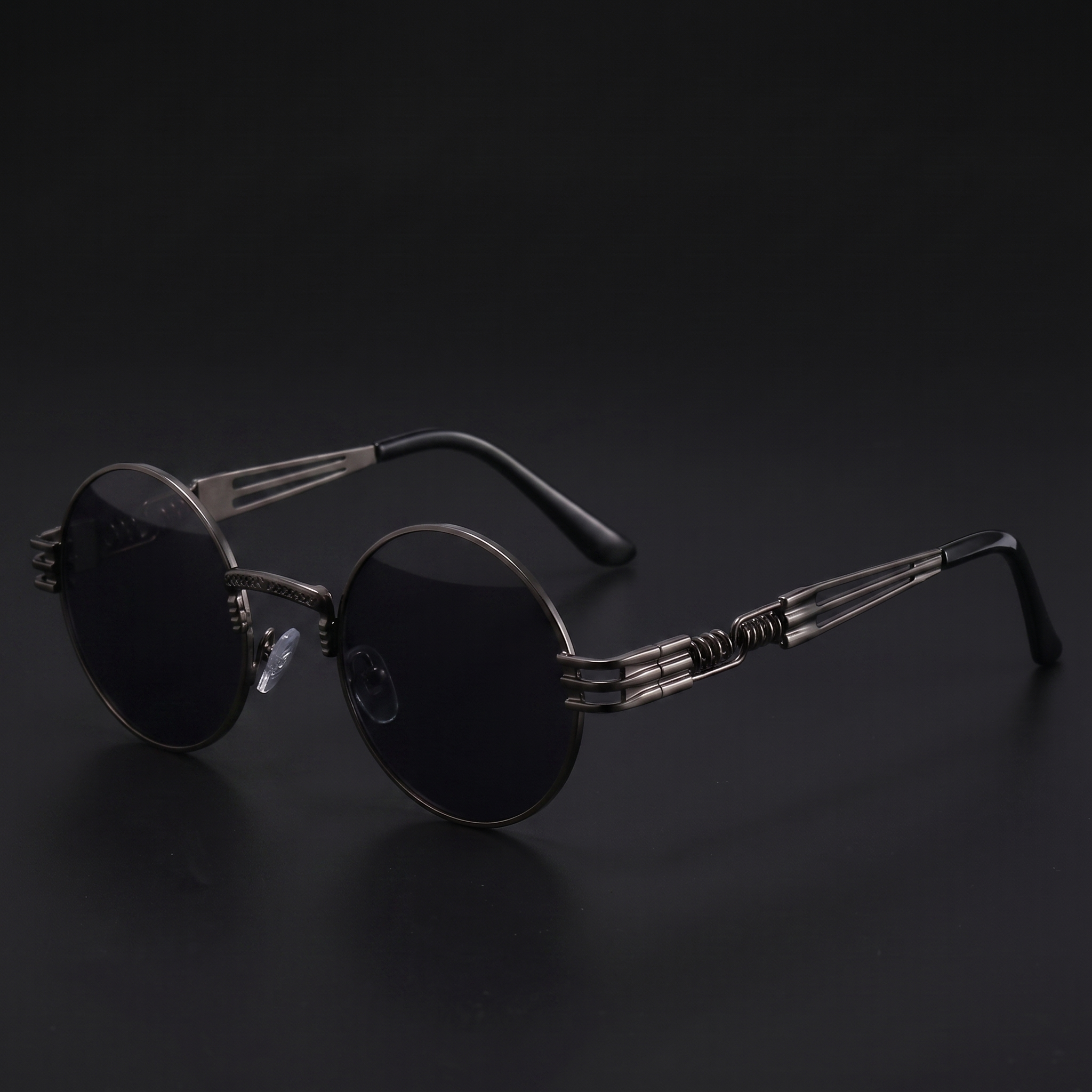 Gunmetal round steampunk sunglasses with dark smoke lenses