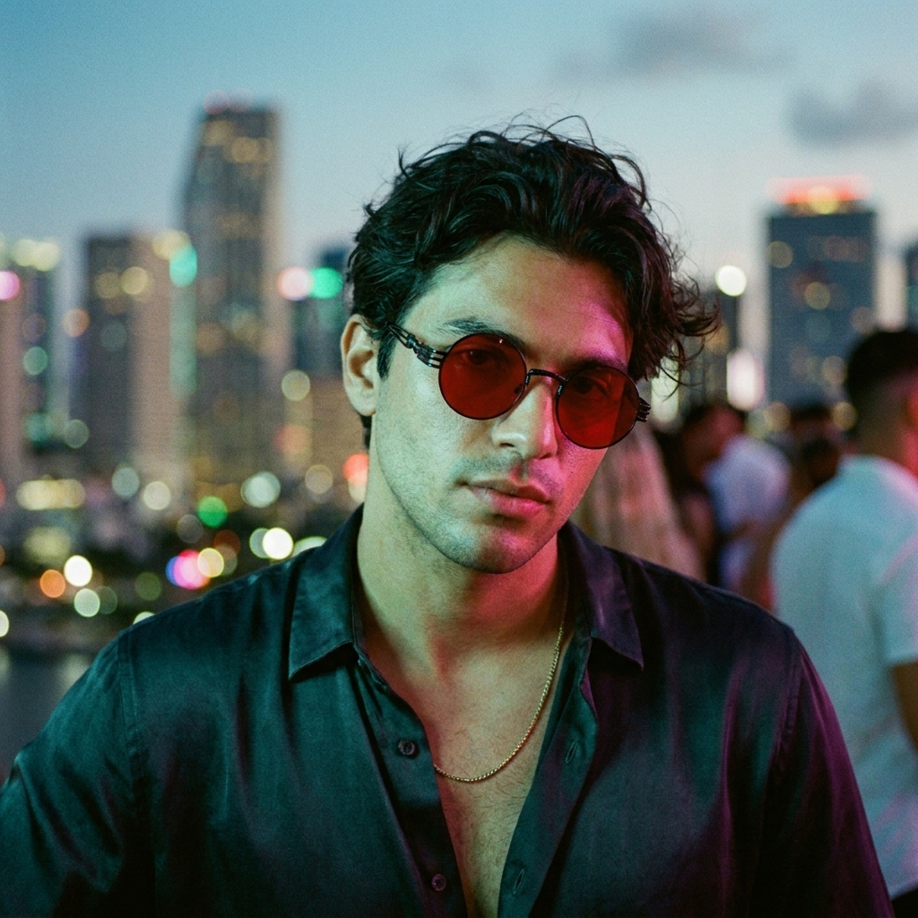 Man wearing black round red-lens steampunk sunglasses at a neon rooftop club at night