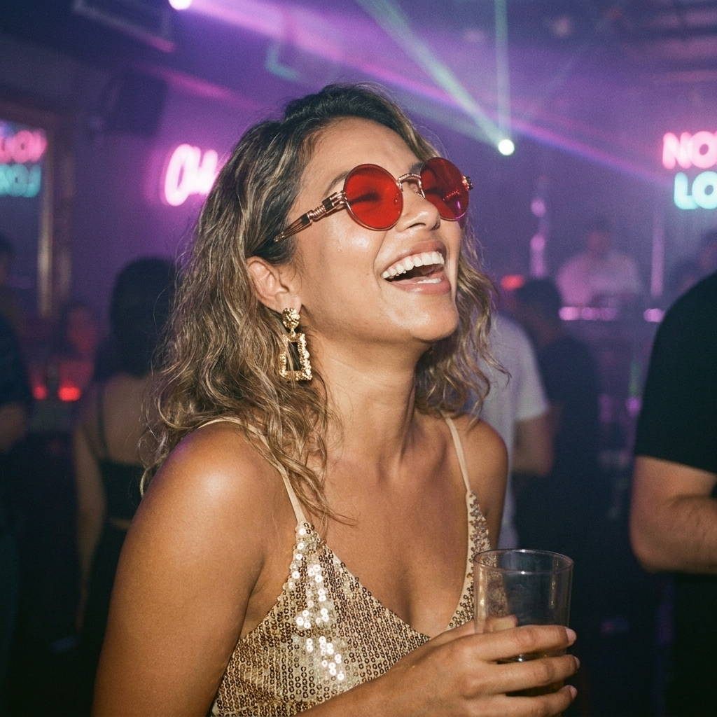 Woman wearing gold round red-lens steampunk sunglasses at a neon nightclub