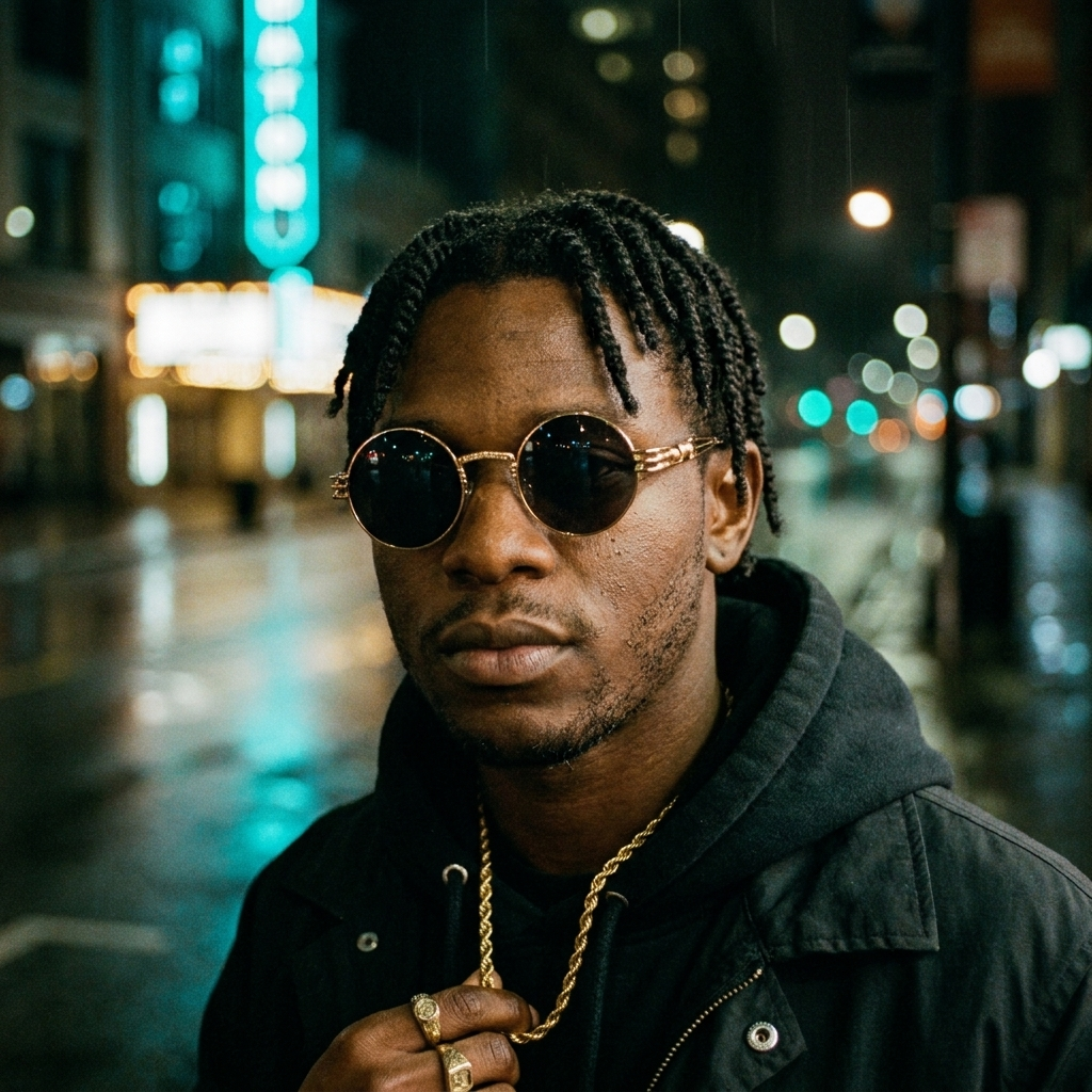 Man wearing gold round steampunk sunglasses with smoke lenses and a gold chain on a neon city street at night