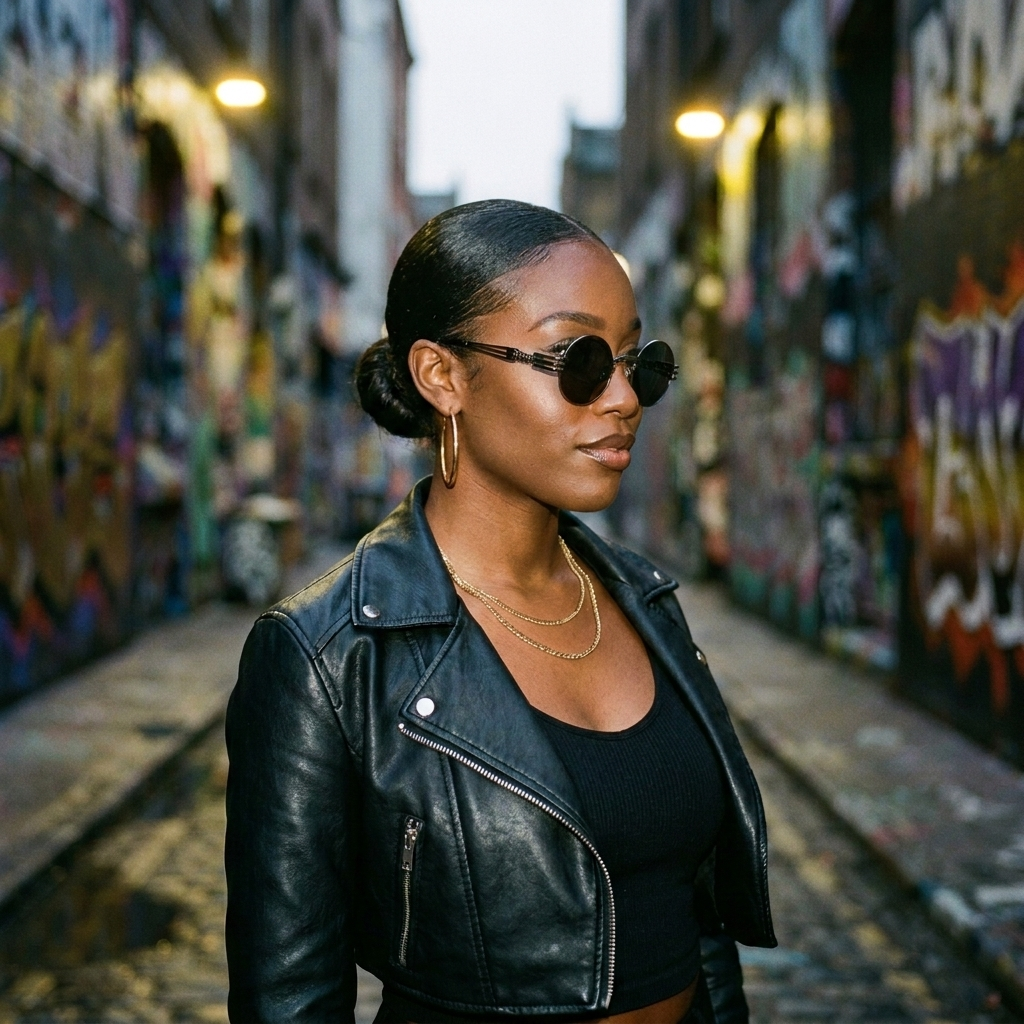 Woman wearing gunmetal round steampunk sunglasses with smoke lenses and gold hoop earrings in a graffiti alley