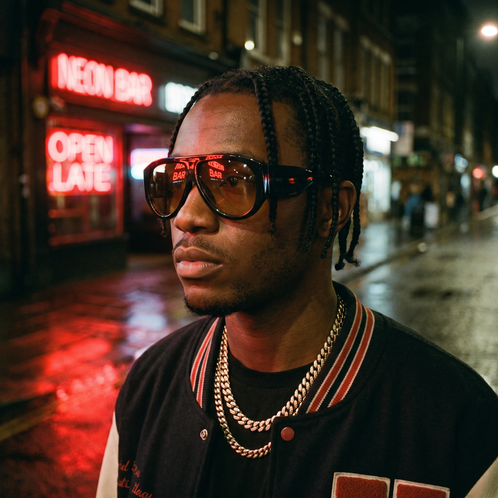 Man wearing oversized pilot sunglasses in black amber on a neon street — Swervy