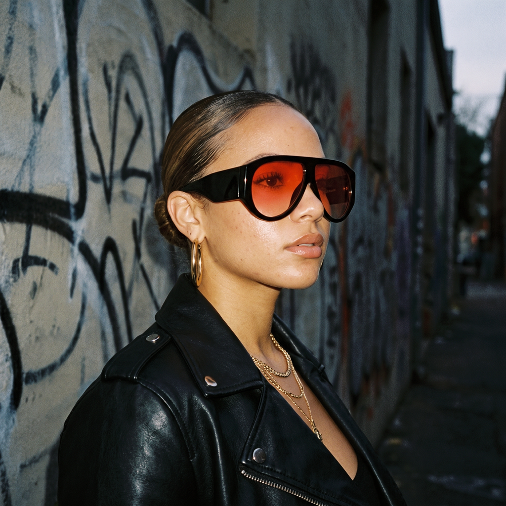 Woman wearing oversized pilot sunglasses in black red — Swervy hip-hop shades