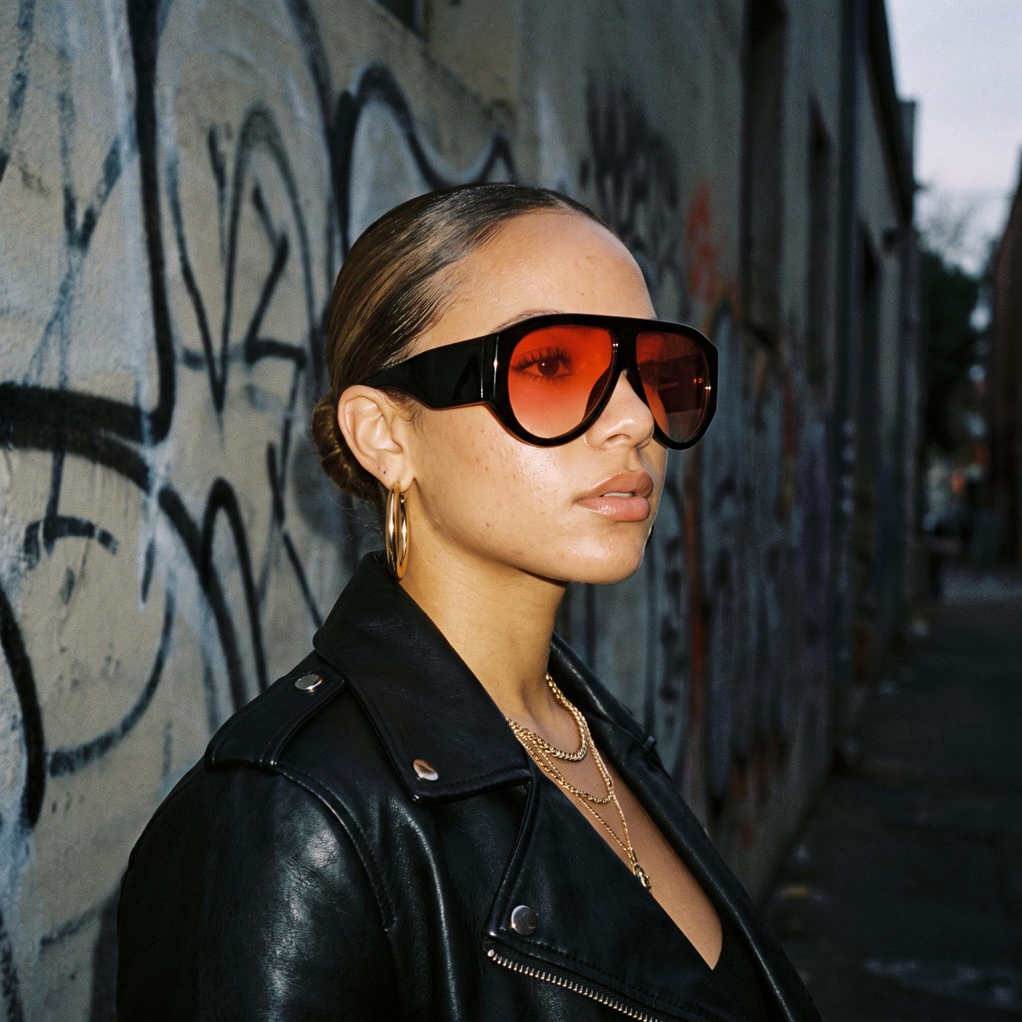 Woman wearing oversized pilot sunglasses in black red — Swervy hip-hop shades
