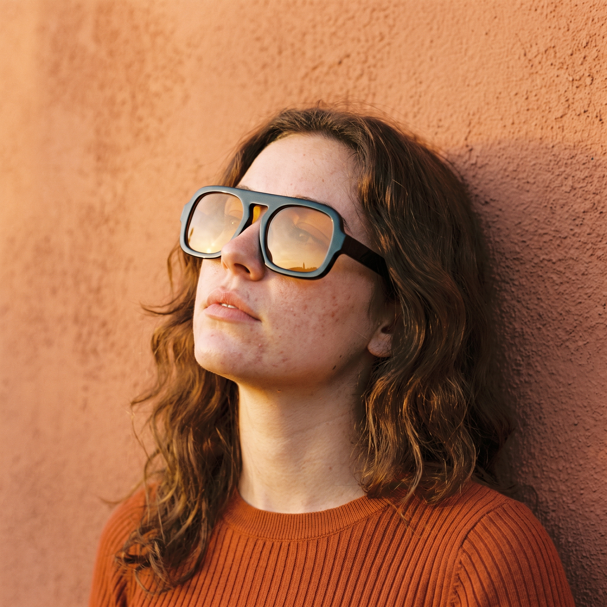 Woman wearing retro square sunglasses in black amber at golden hour — Swervy