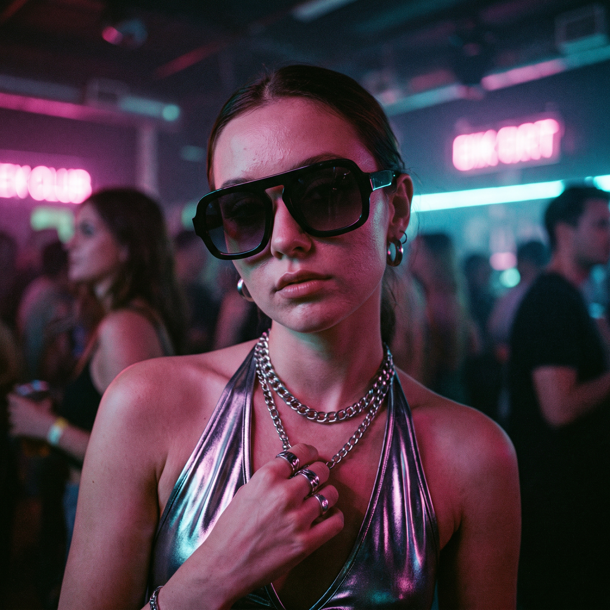 Woman wearing retro square sunglasses in black at a neon club — Swervy