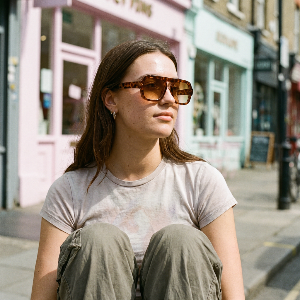 Woman wearing retro square sunglasses in leopard tea on a pastel street — Swervy