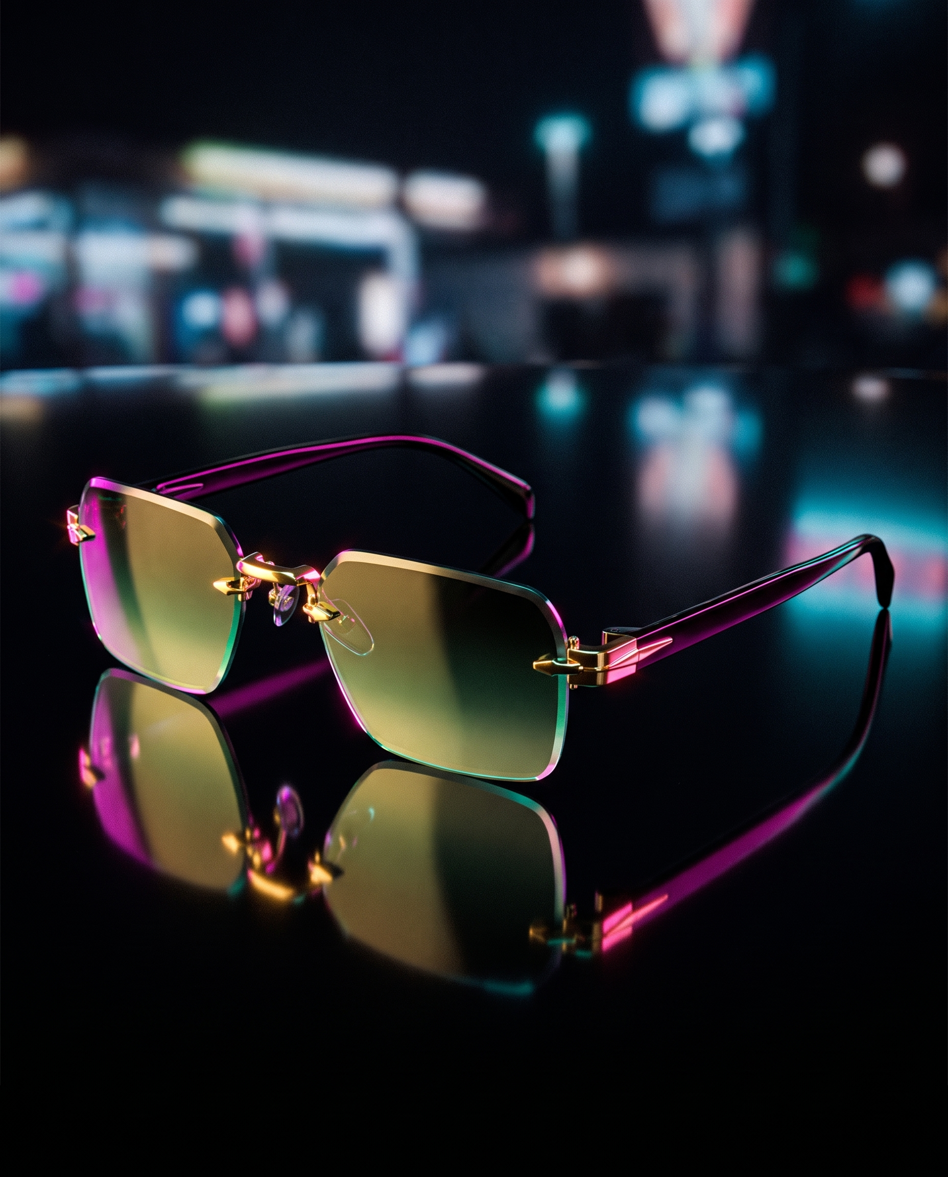 Rimless gradient sunglasses Gold Green product hero shot on glossy black with neon rim light