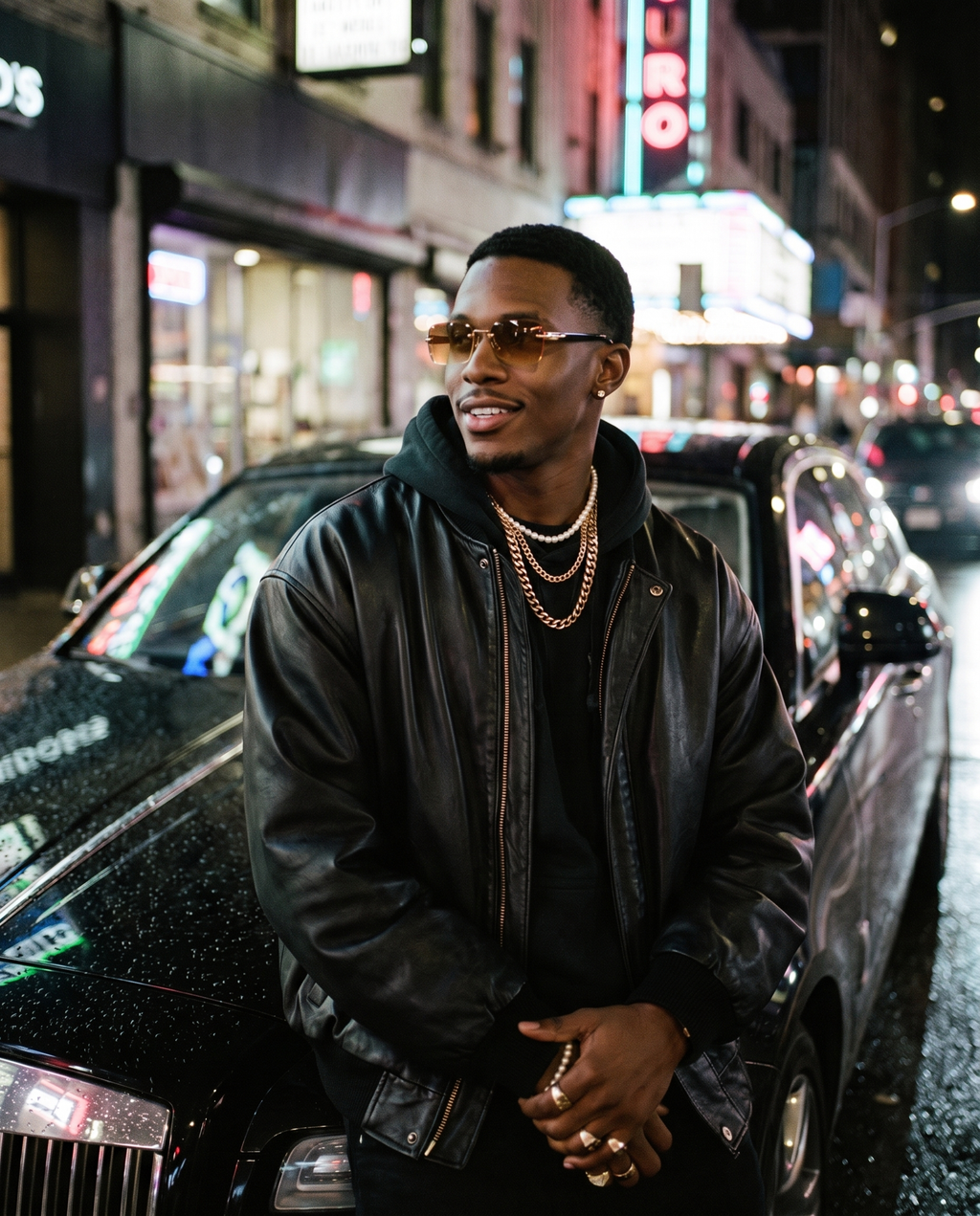 Rimless gradient sunglasses in Brown lenses worn on a neon city street at night, hip-hop streetwear