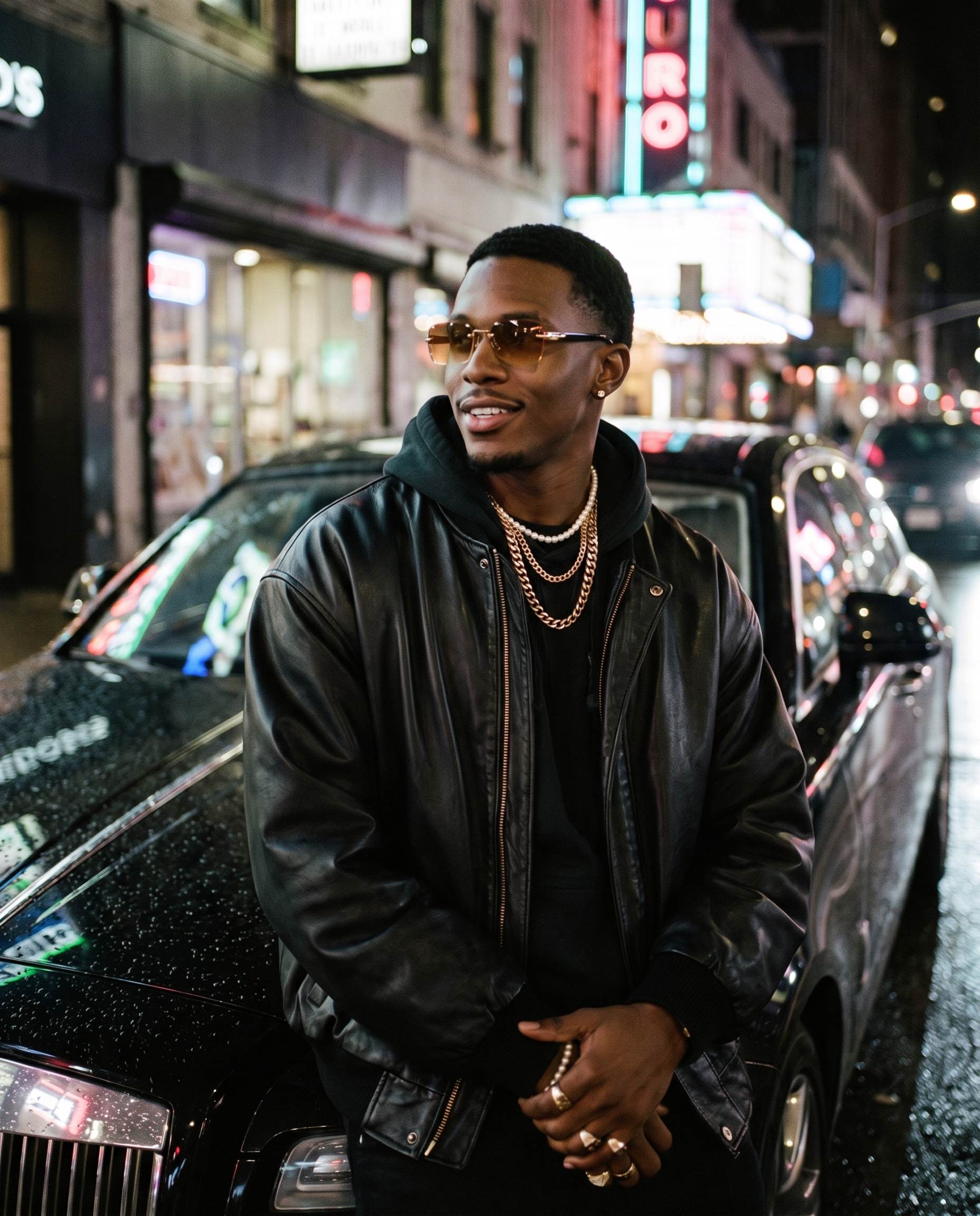 Rimless gradient sunglasses in Brown lenses worn on a neon city street at night, hip-hop streetwear