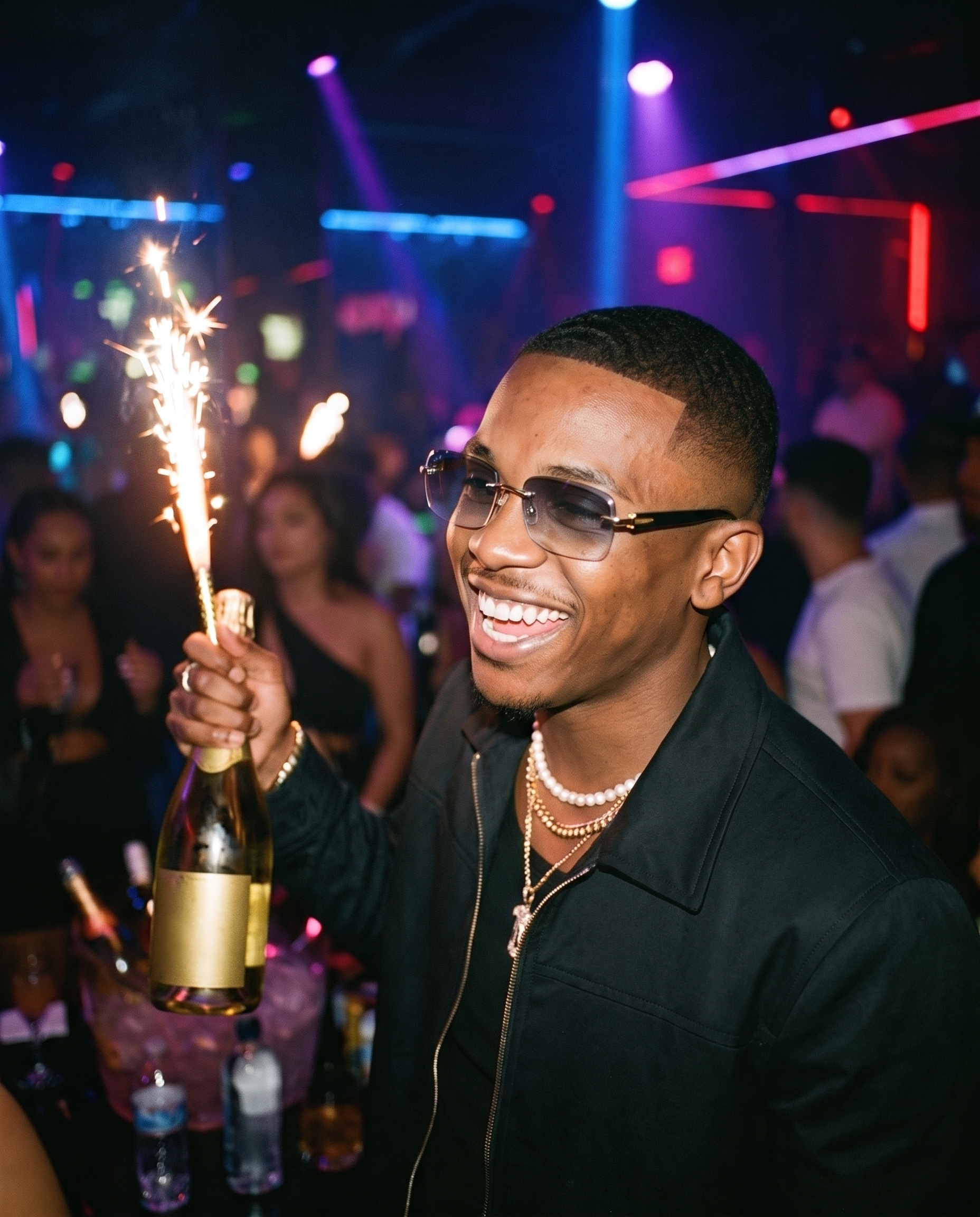 Rimless gradient sunglasses in Gold Grey worn at a nightclub, hip-hop streetwear shades