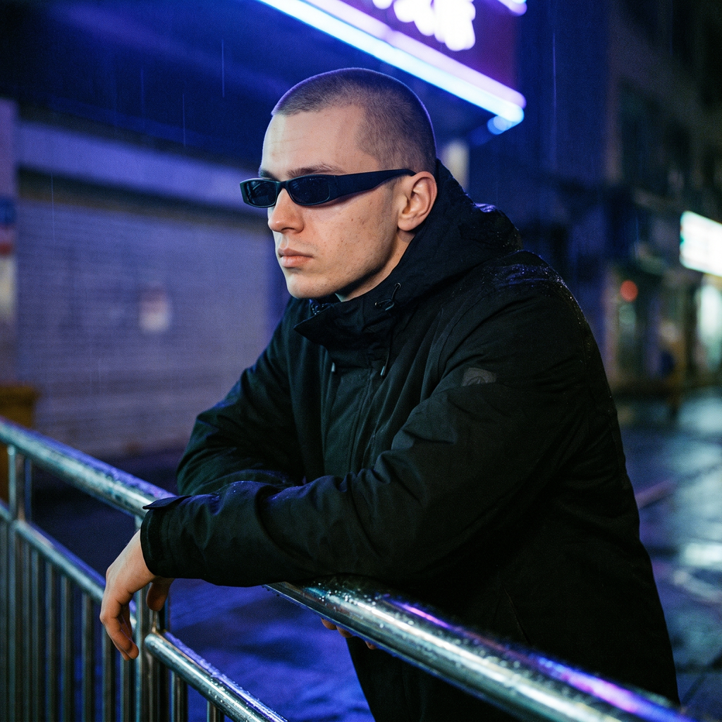 Man wearing slim matte black rectangle sunglasses, neon street night