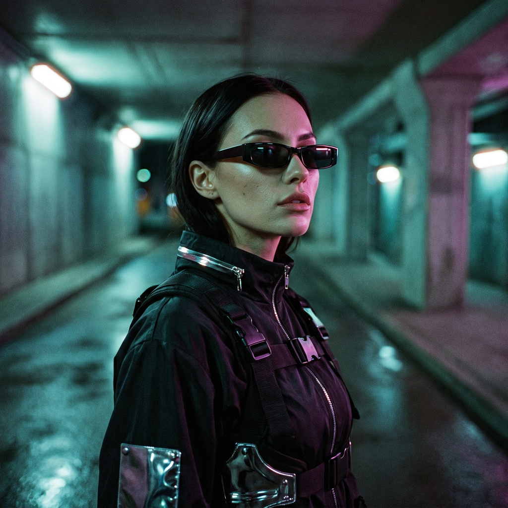 Woman in techwear wearing slim black rectangle Y2K sunglasses, neon cyberpunk night