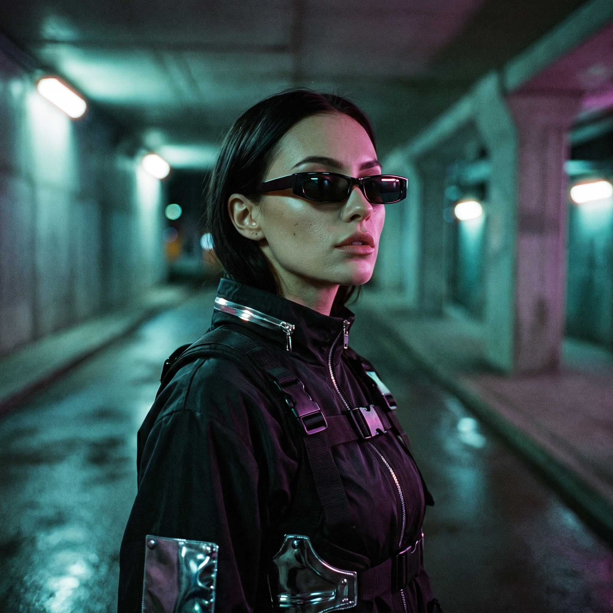 Woman in techwear wearing slim black rectangle Y2K sunglasses, neon cyberpunk night