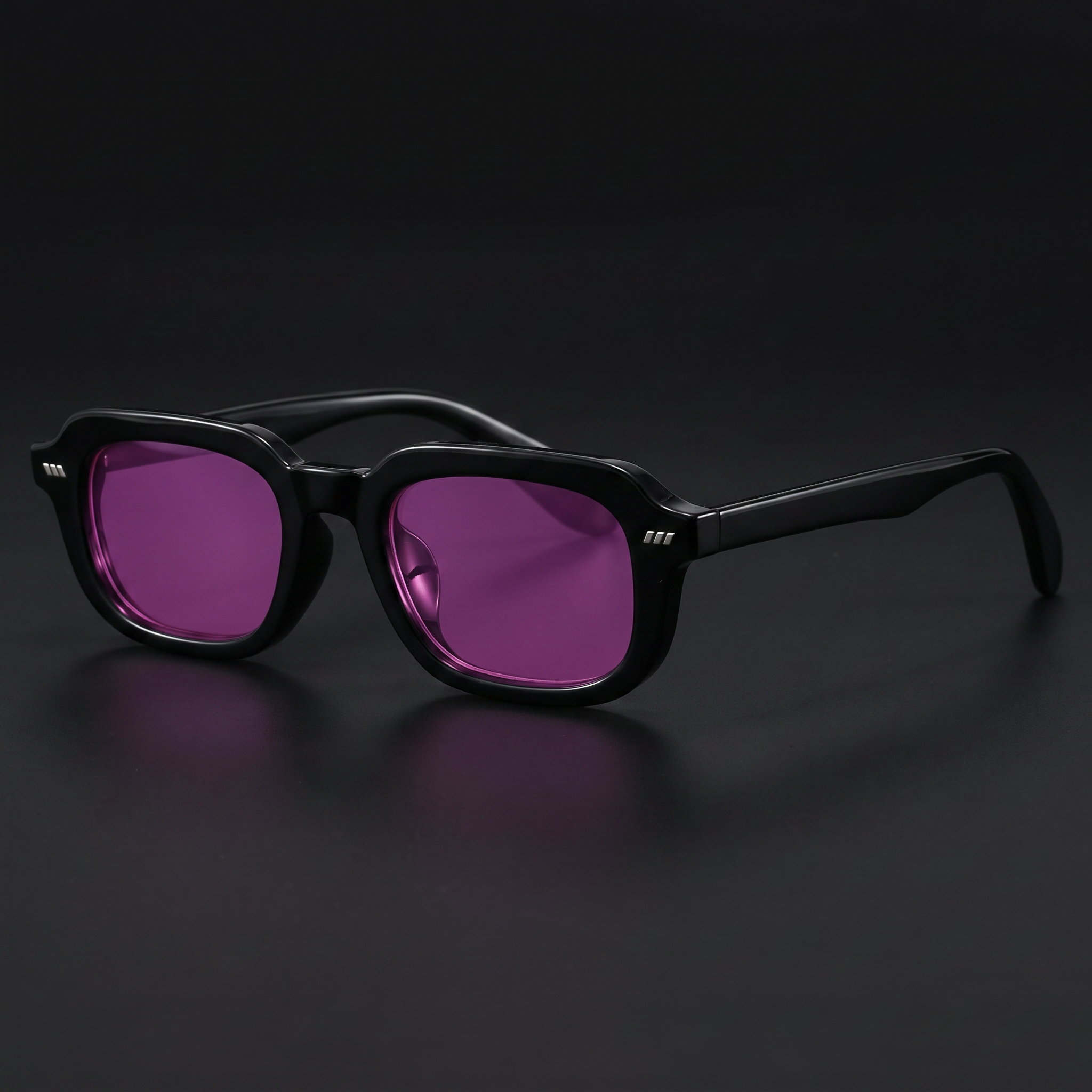 Small square Y2K sunglasses in black with purple candy lenses, studio close-up