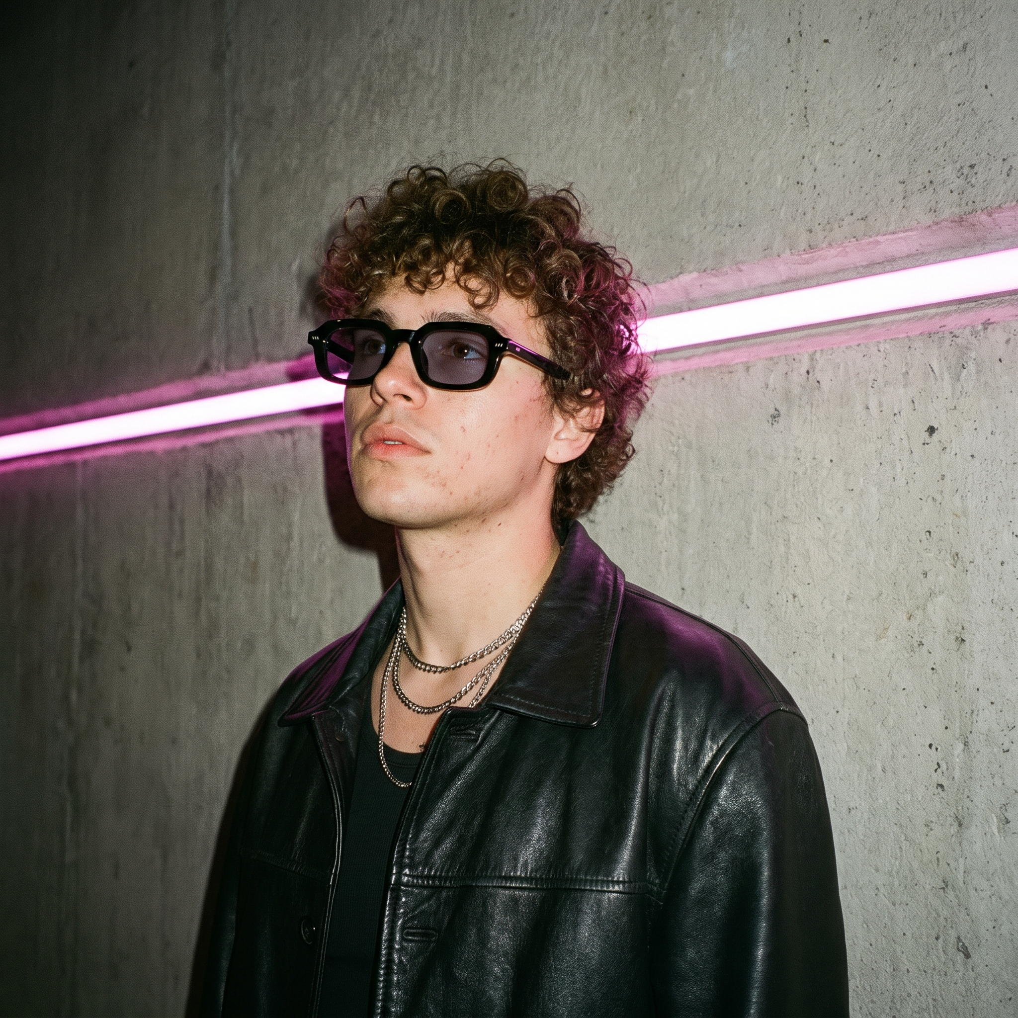 Man wearing black small square Y2K sunglasses against a neon-lit concrete wall