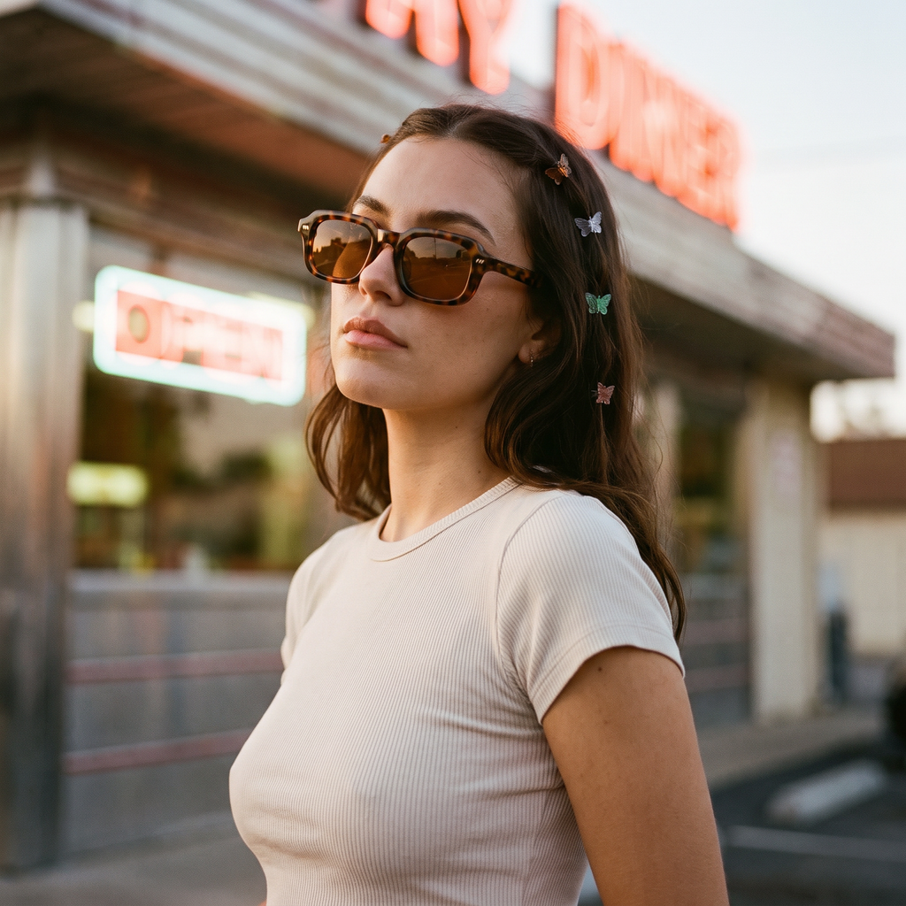 Woman wearing tortoiseshell small square Y2K sunglasses at a retro diner at dusk