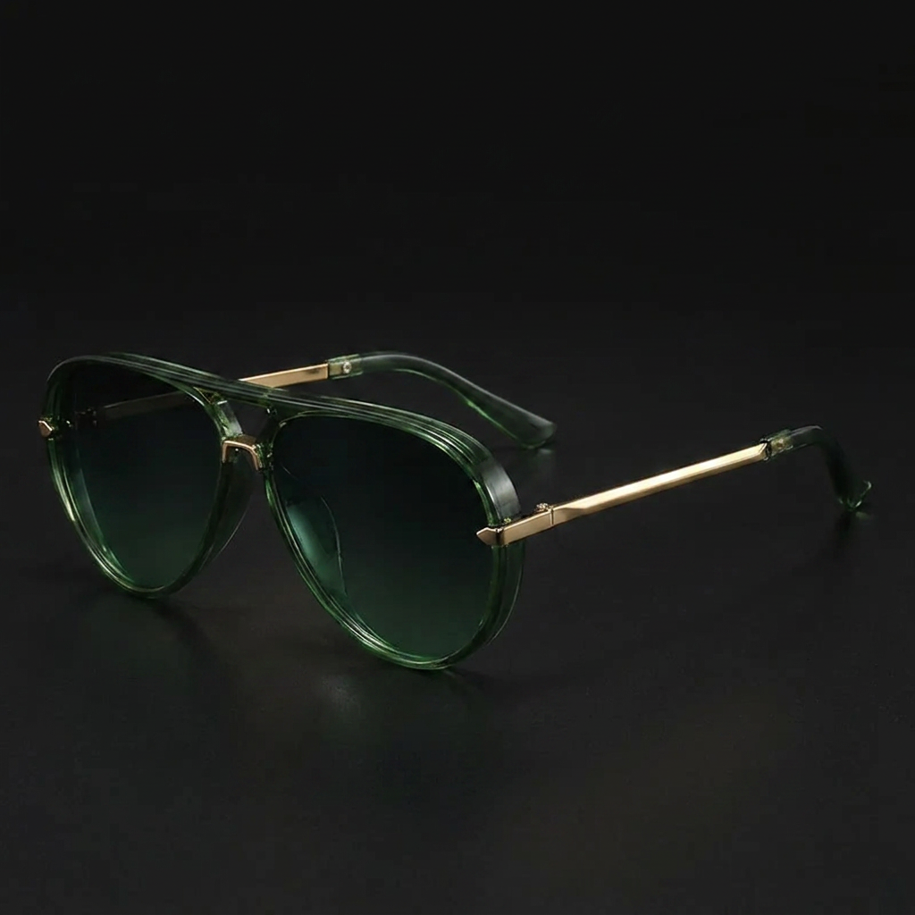 Sport aviator sunglasses in translucent green acetate with gold metal temples — Swervy cyber shades