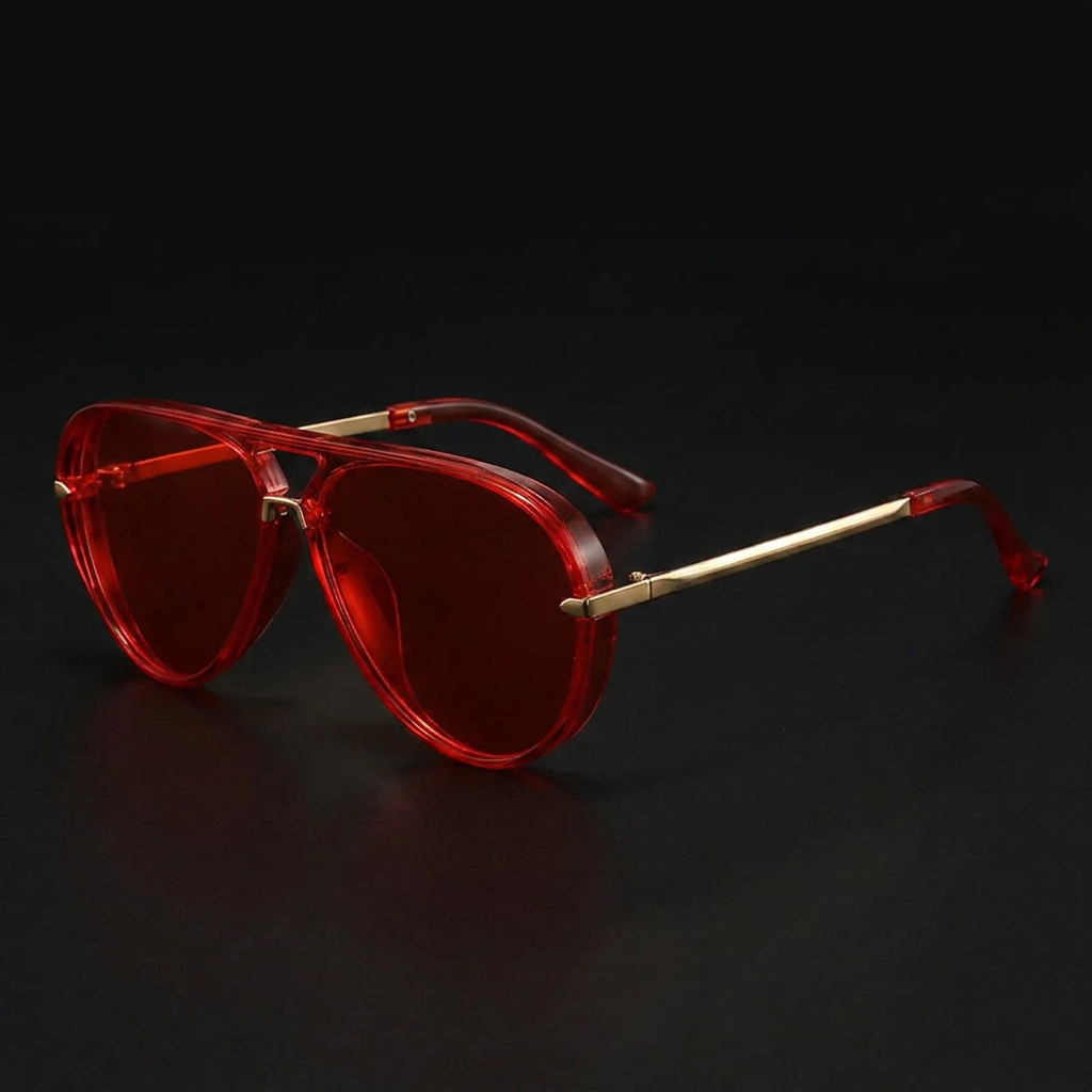 Sport aviator sunglasses in translucent red acetate with gold metal temples — Swervy cyber shades