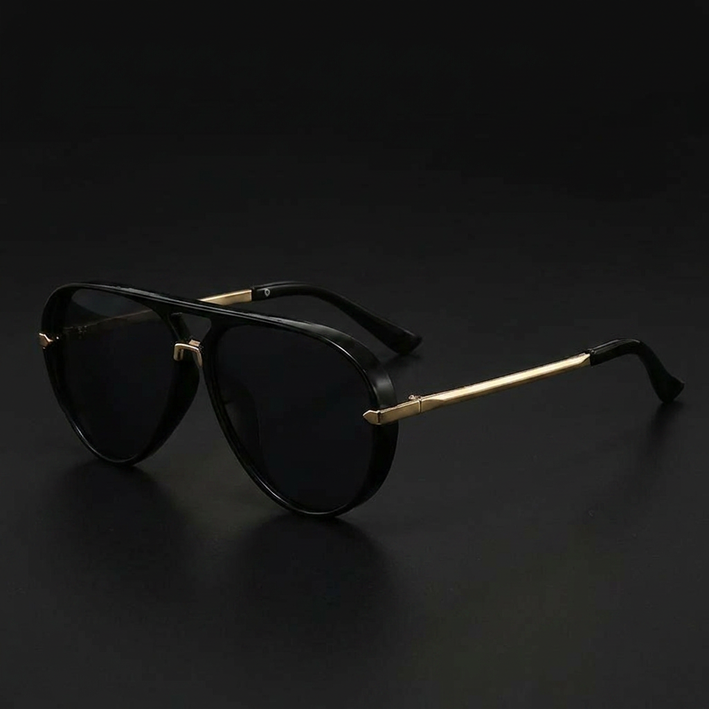 Sport aviator sunglasses in smoke black acetate with gold metal temples — Swervy cyber shades