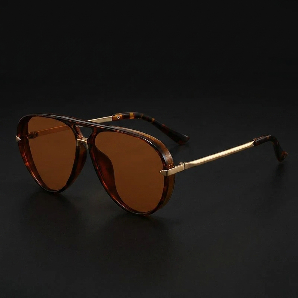 Sport aviator sunglasses in tea brown on tortoise acetate with gold metal temples — Swervy cyber shades