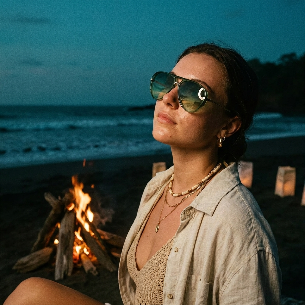 Woman wearing sport aviator sunglasses in translucent green at a beach bonfire — Swervy