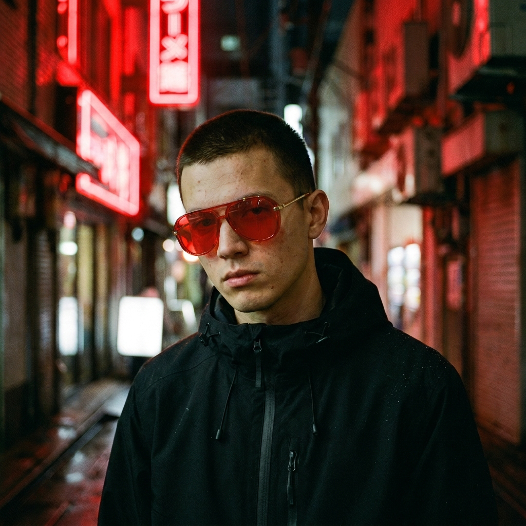 Man wearing sport aviator sunglasses in translucent red on a neon alley — Swervy