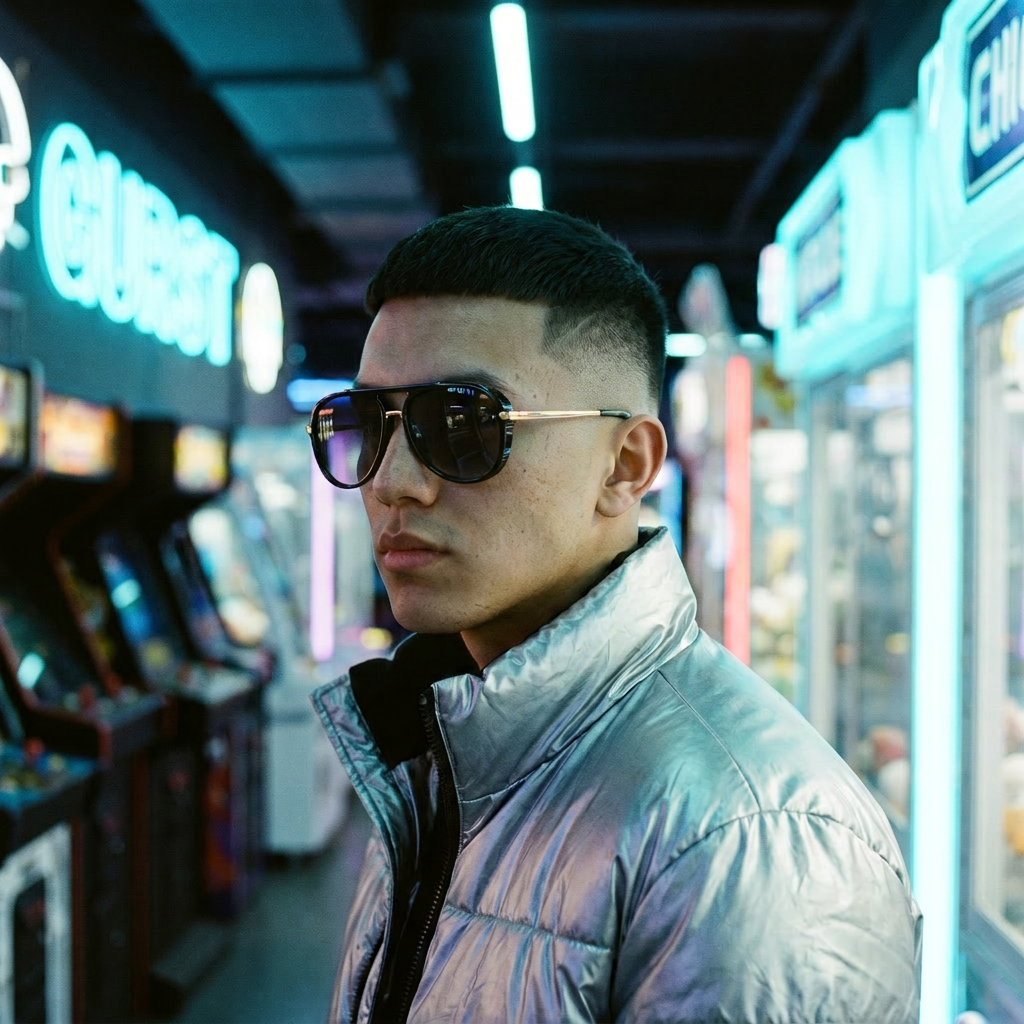 Man wearing sport aviator sunglasses in smoke black in a neon arcade — Swervy