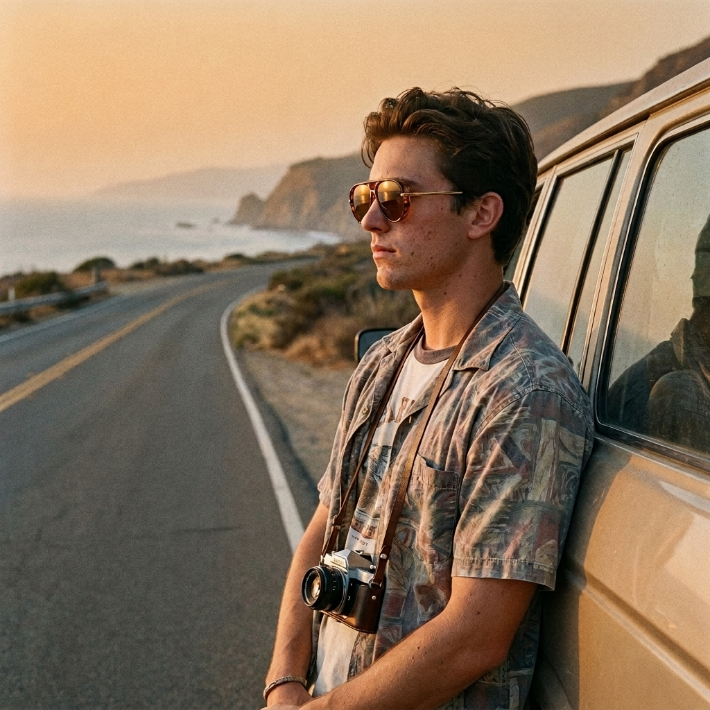 Man wearing sport aviator sunglasses in tea brown tortoise on a coastal road at golden hour — Swervy