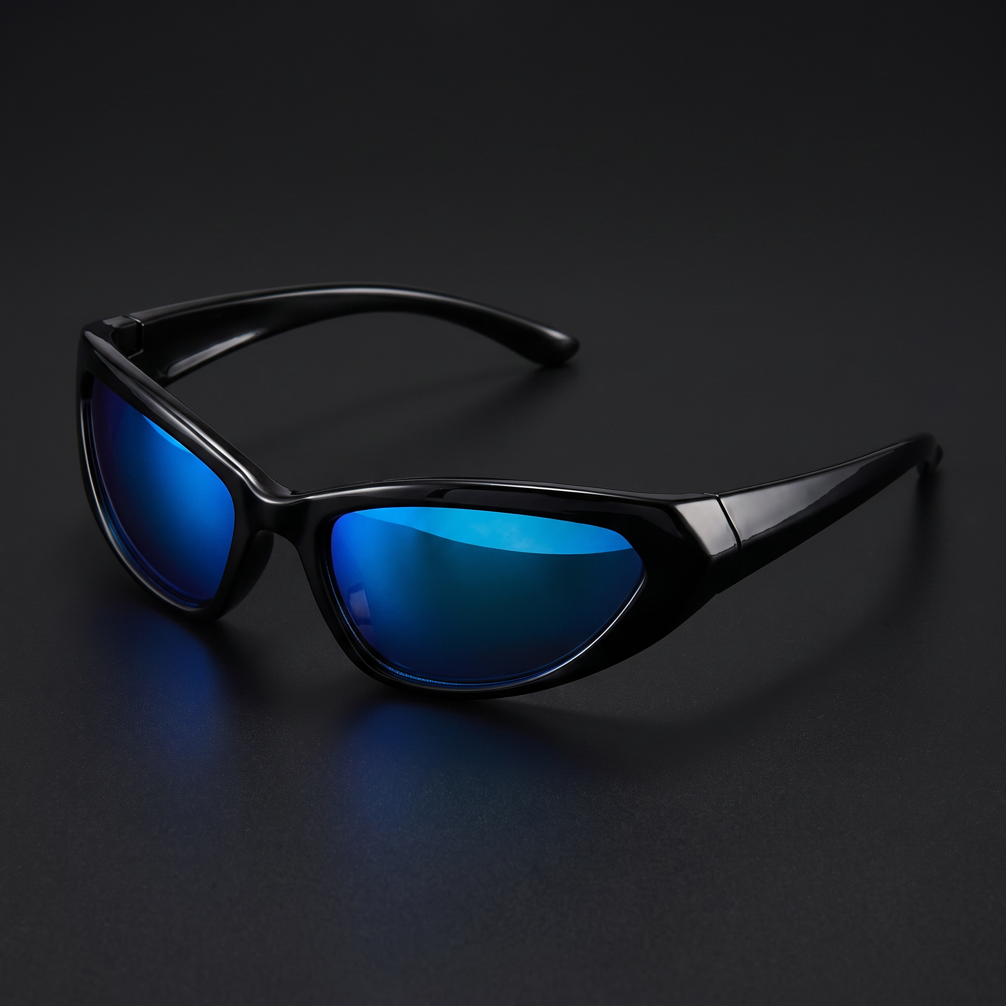 Wraparound goggle sunglasses in blue mirror — Swervy cyber shades