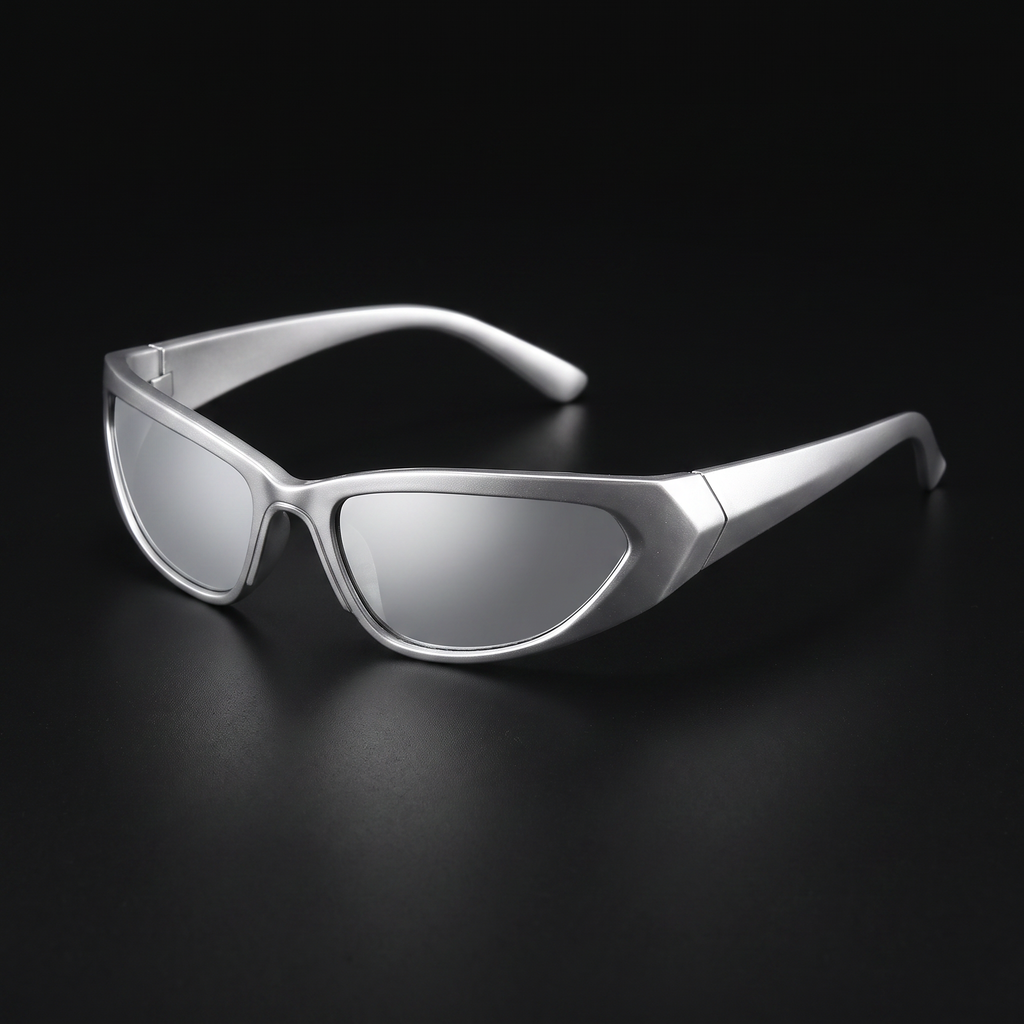 Wraparound goggle sunglasses in silver mirror — Swervy cyber shades