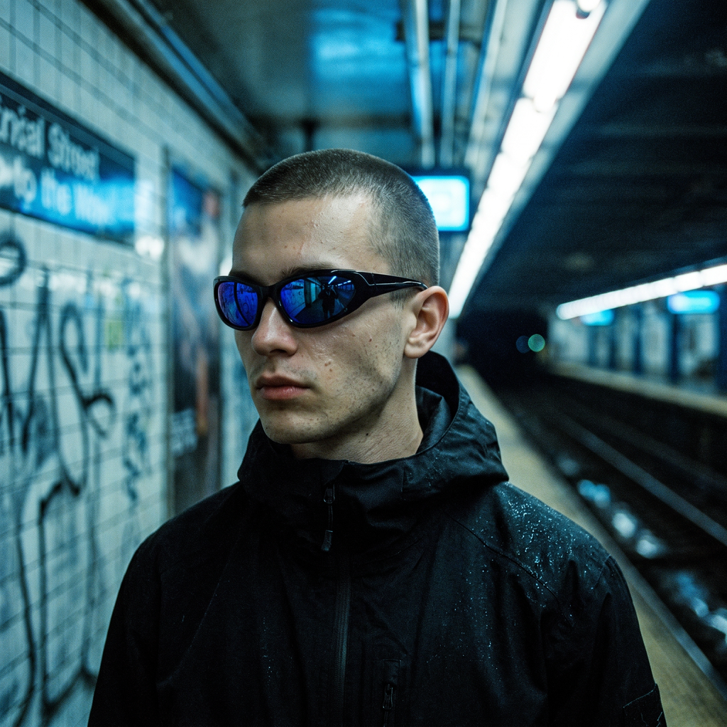 Man wearing wraparound goggle sunglasses in blue mirror on a subway platform — Swervy