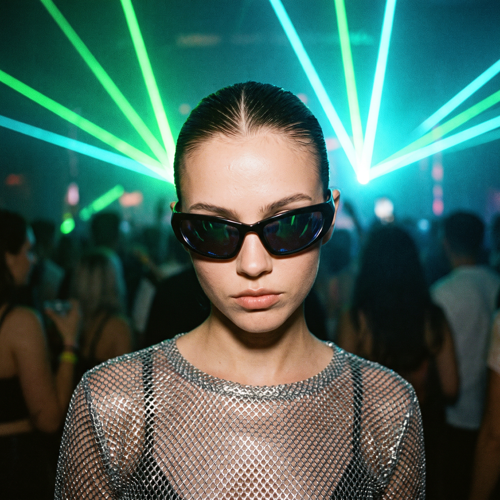Woman wearing wraparound goggle sunglasses in green mirror at a laser rave — Swervy