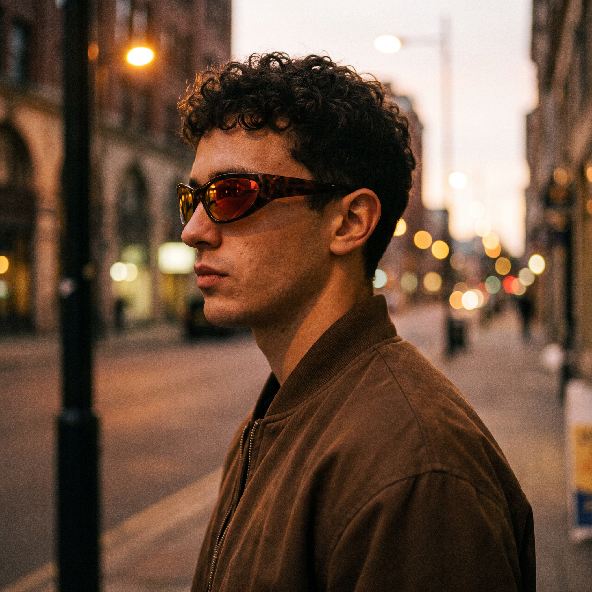 Man wearing wraparound goggle sunglasses in red mirror on a city street — Swervy